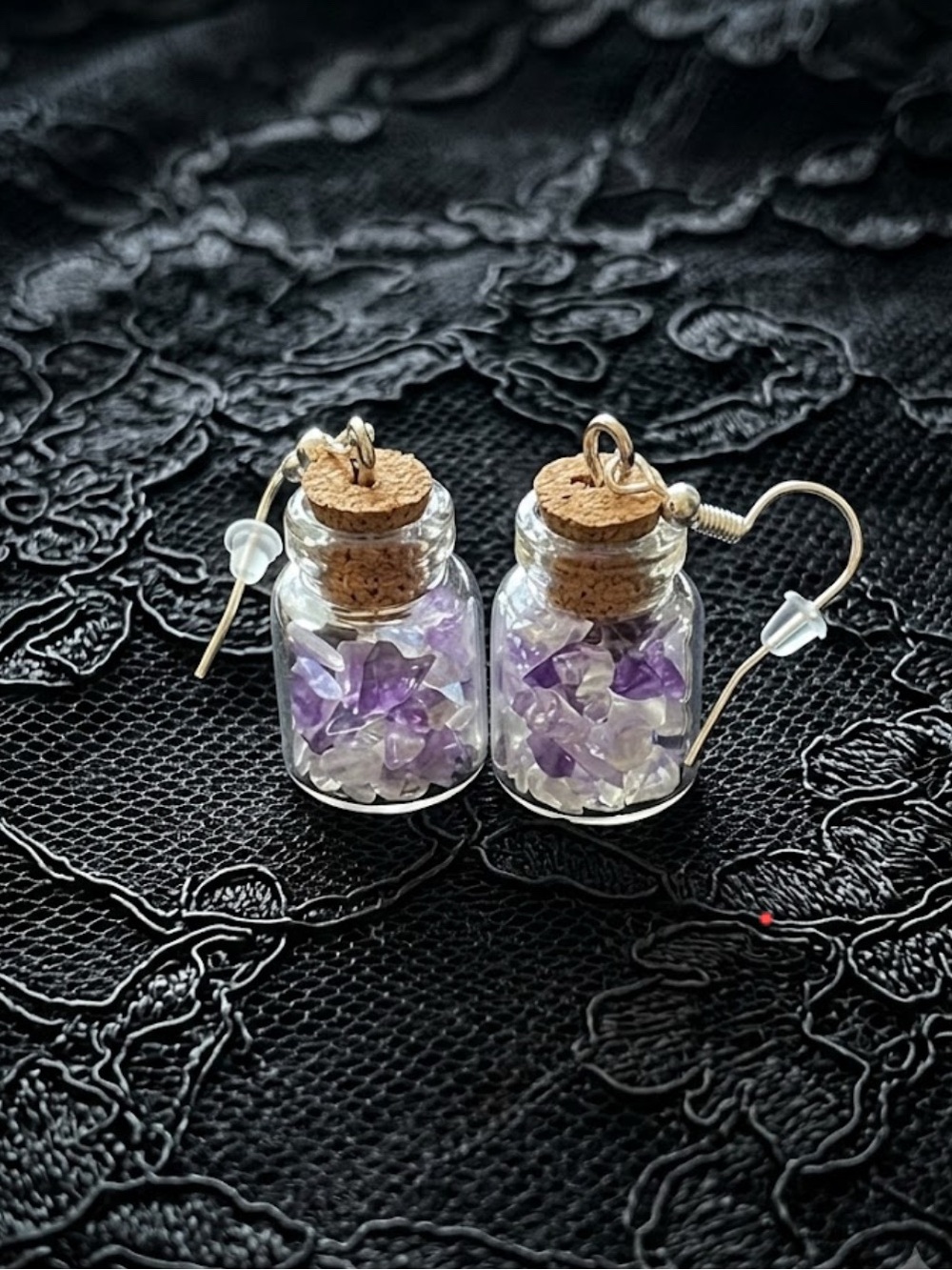 Amethyst And Opalite Mixed Mini Crystal Chip Glass Spell Jar Drop Earrings - Picture 3 of 3
